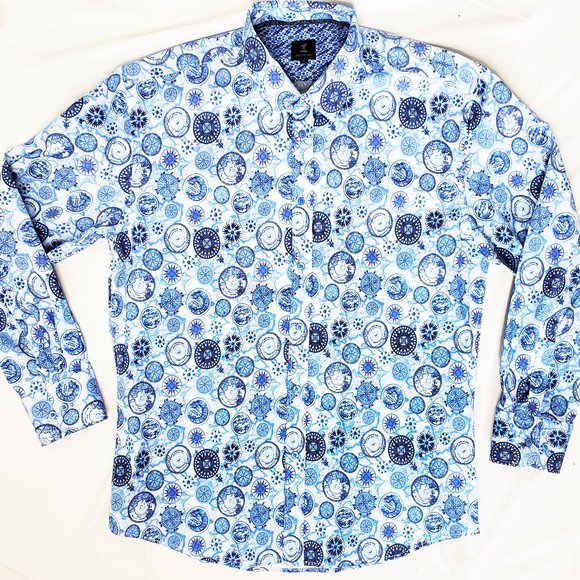 1 Like No Other Mens Button Down Shirt Globe Map Cartography Compass  Blue L - Picture 1 of 8